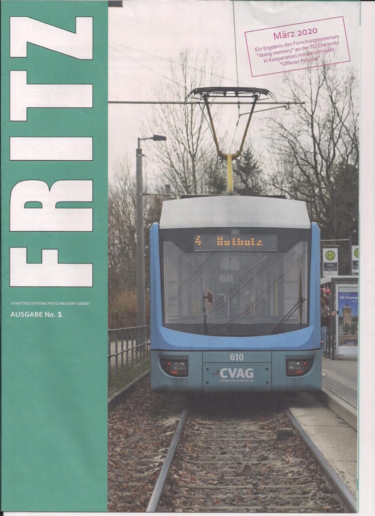 Portrait image showing a title page. The left quarter has a thick vertical turquoise bar with FRITZ written on edge in large letters. Below it, horizontally and in small letters: issue number 1. The rest of the sheet is taken up by a large frontal photo of a blue streetcar, on which "4 Hutholz" can be read. It is on rails, with a stop visible in the crop on the right. At the top right, a pink frame with pink lettering reads "March 2020" and a small text that cannot be made out in detail.