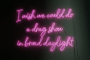Landscape format image of a bright pink neon sign in three lines "I wish we could do a drag show in broad daylight", individual connections can be seen between the letters on the dark wall, cables lead down from the lettering on the right.
