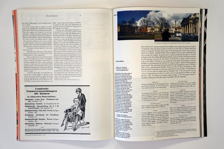 Illustration of the same magazine with text on both sides, on the bottom left another advertisement with the writing "Ongoing dance events for ladies..." and on the top right a color photograph composed of two photos showing a public square with trees and buildings. The text at the bottom right is arranged like classified ads, many individual blocks separated by lines.
