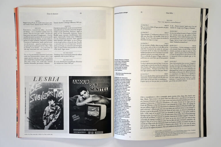 The same magazine, another opened double page. Various blocks of text, from the bottom left page a black and white image of an unclothed person with short hair looking into the camera. In the foreground, an old-fashioned computer, with "Amour sur Minitel" written above it. To the left, an image of a cover with the title "LESBIA" and a photo of a person in short hair and leather jacket in front of a wall on which is spray-painted "be subversive".